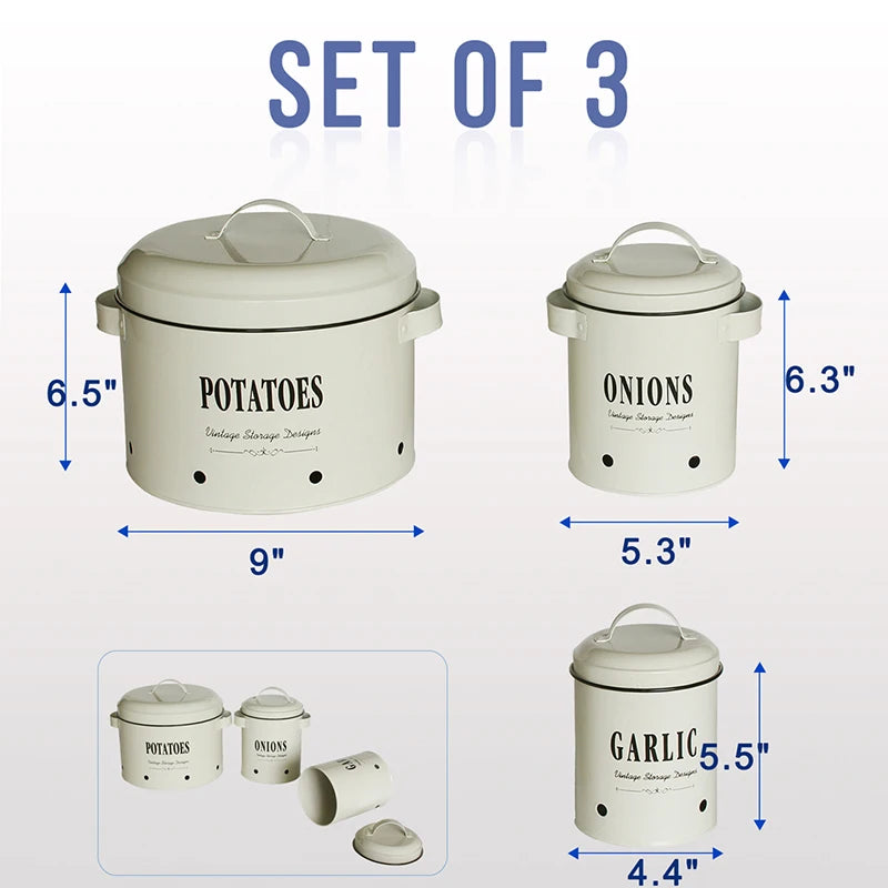 3 Pack Vegetable Storage Tins，Potatoes Storage，Metal Onion and Potato Storage Bins，Kitchen Potato and Onion Storage Bin