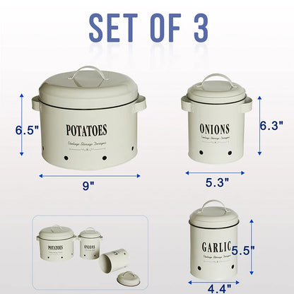3 Pack Vegetable Storage Tins，Potatoes Storage，Metal Onion and Potato Storage Bins，Kitchen Potato and Onion Storage Bin