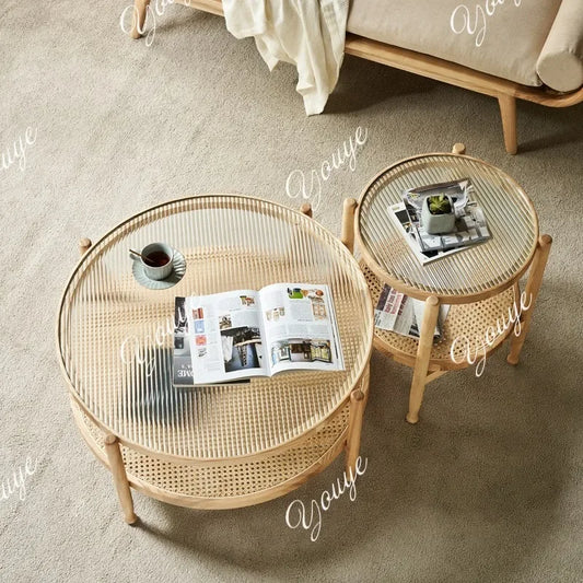 J Modern Simple Small Apartment Size Round Table Combination Household Solid Wood Rattan Coffee Table Living Room Double Round