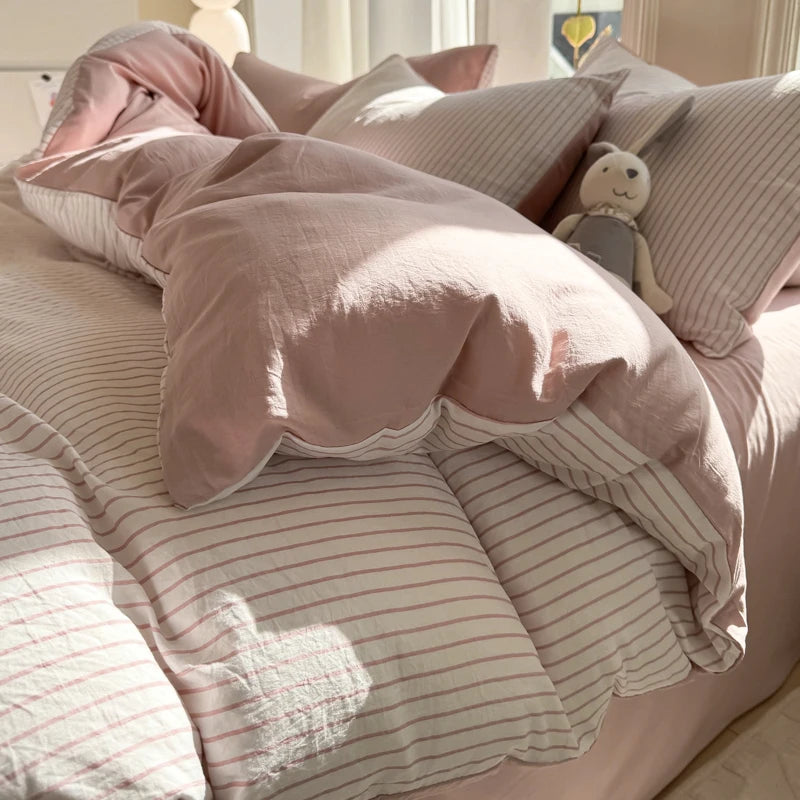 Ins Stripes 100% Washed Cotton Bedding Set with Pillowcase Bed Sheet Quilt Cover Single Double King Queen Size Duvet Cover Set
