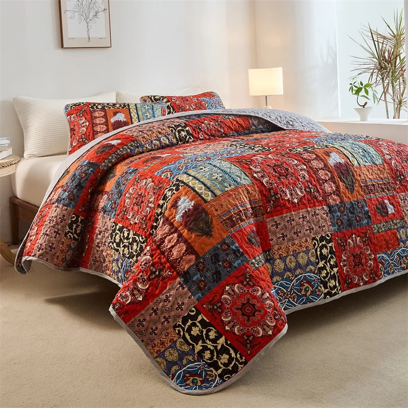 Red Retro Flower Quilted Bed Cover Set US Queen Size Floral Bedspread+Pillowcase Set Patchwork Quilt 229*229cm Drop Shipping