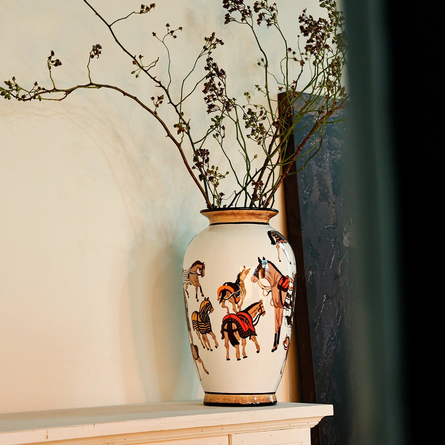 Ceramic Vase Hand-painted Horse Pattern Chinese-style Retro Bottle Flowerpot Porcelain Handicrafts Home Decoration Terrarium