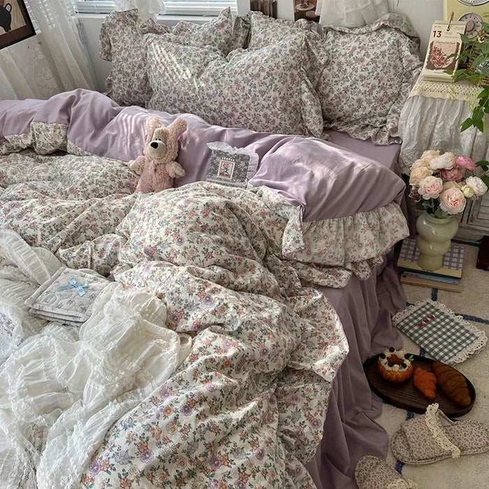2025 new Korean Princess Style Floral Ruffles Bedding Set Skin-friendly Soft Duvet Cover Set Bed Sheet Or Bed Skirt Pillowcases