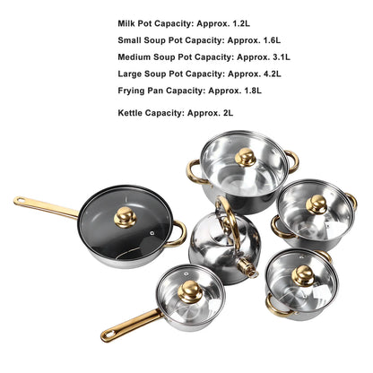 6 Sets Kitchen Pots Set Stainless Steel Golden Handle Smoothing Sturdy Durable Easy to Clean Cookware Set for Home Cooking Pots