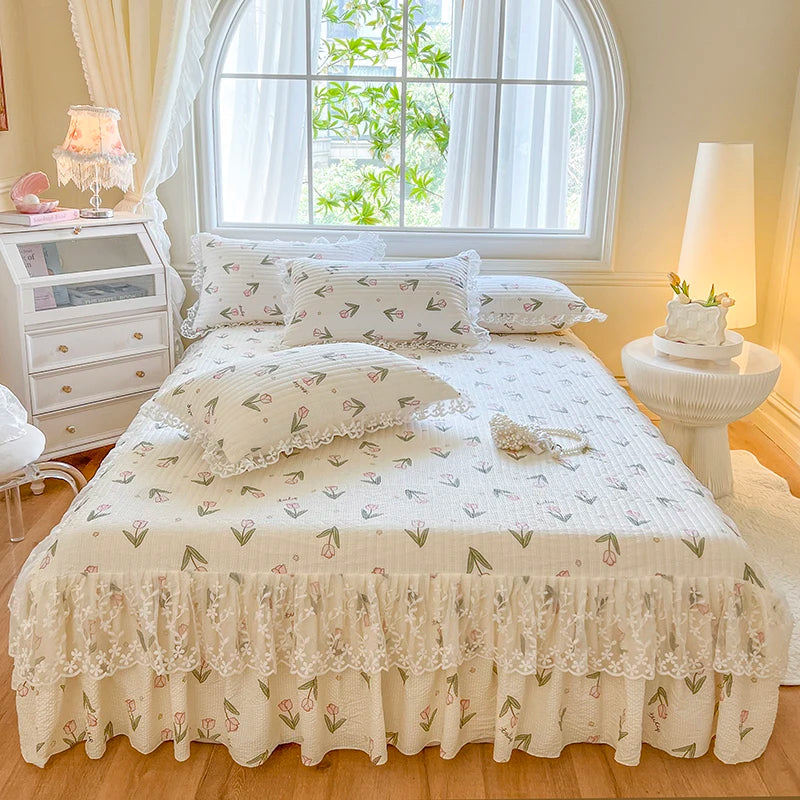 Princess 1 Piece Lace Bed Skirt + 2 Piece Pillowcases Bedding Bedspreads Sheet Pink Lace Bedding Set Bed For Girl Bed Cover
