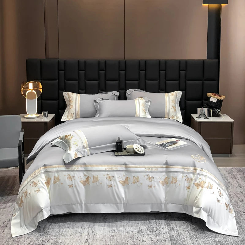 100% Cotton Bedding Set Luxury Golden Butterfly Embroidery Quilt/Duvet Cover Fitted Bed Sheet Sets Pillowcases Home Textile