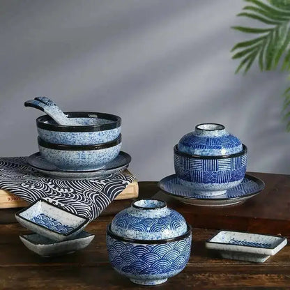Wave Pattern Tableware Stew Bowl Ceramic Dessert Bowl With Cover Cup Spoon
