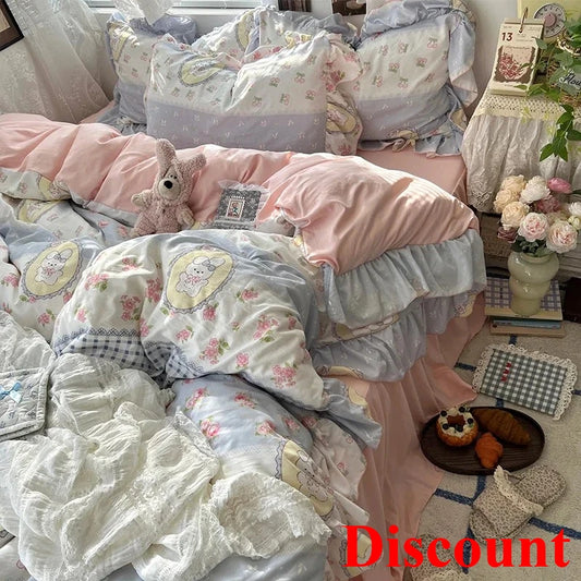 2025 new Korean Princess Style Floral Ruffles Bedding Set Skin-friendly Soft Duvet Cover Set Bed Sheet Or Bed Skirt Pillowcases