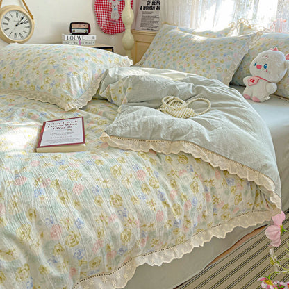 INS Princess Bedding Set Ruffle Lace Quilt Cover Romantic Bedclothes Woman Girls Home Decor Duvet Cover Set Korean Style Floral