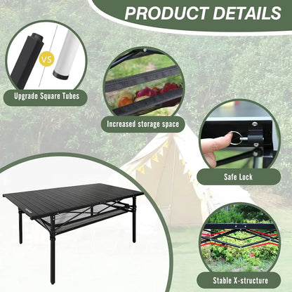 Large Folding Camping Table Aluminum with Storage  Roll Up Tall Outdoor Portable Table Lightweight Picnic BBQ Backyard Beach