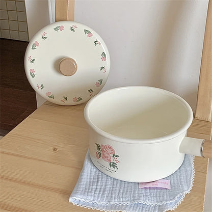 Enamel Milk Pan With Lid Vintage Pink Rose Kitchen Pots Offers Baby Food Pot Small Noodle Soup Pot Enamel Cookware Utensils