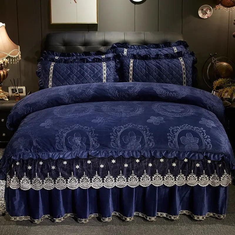AI WINSURE-Europe Lace Velvet 4pcs Bedding Set, Embossed Duvet Cover, Quilted Bedspread, Soft, with 2 Pillowcases, for Winter