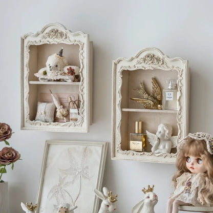 Resin Nordic Distressed Decorative Shelf Countryside Exquisite Carved Two-layer Display Stand High-quality Luxury Home Decor