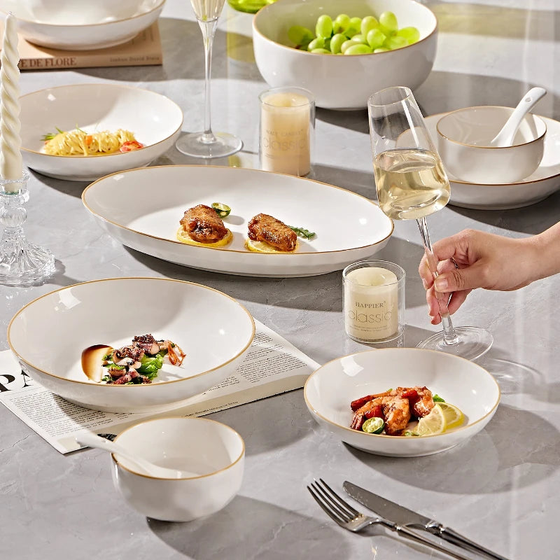 korean style white plates dinner sets ceramic gold rim 8 person dinner sets full set Casserole vajillas completa Bowl set