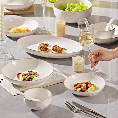 korean style white plates dinner sets ceramic gold rim 8 person dinner sets full set Casserole vajillas completa Bowl set