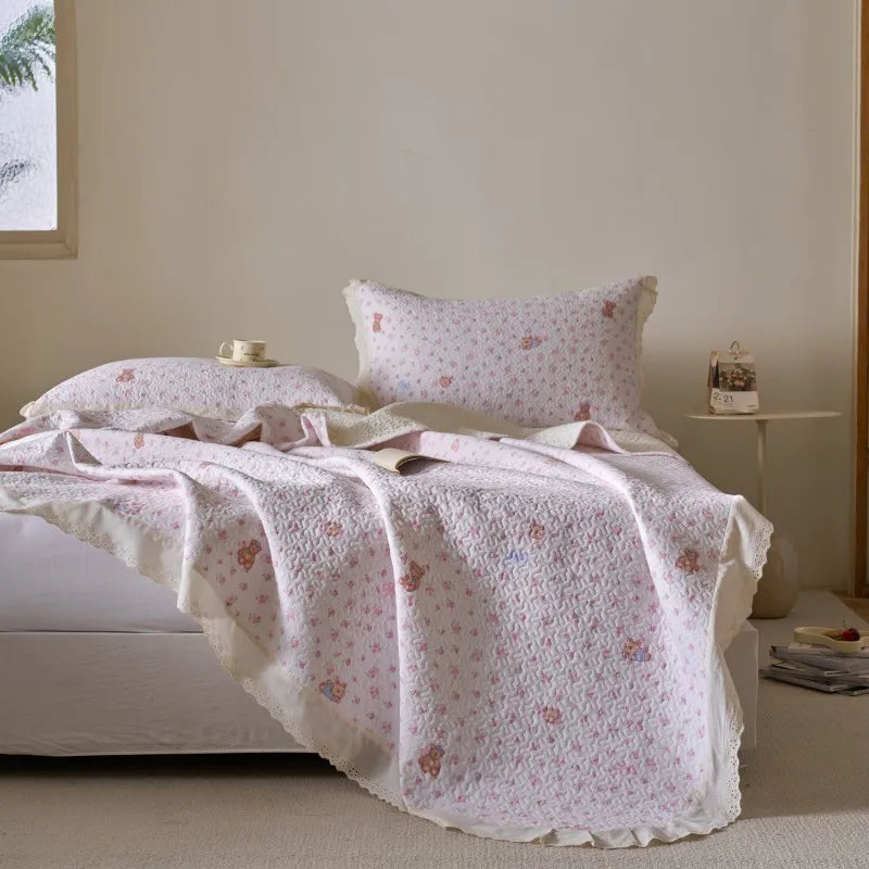 Flower Printed Bed Cover with Lace French Style Washed Cotton Bedspreads Quilted cobre leito de casal Comfortable and Soft 이불패드