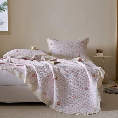 Flower Printed Bed Cover with Lace French Style Washed Cotton Bedspreads Quilted cobre leito de casal Comfortable and Soft 이불패드