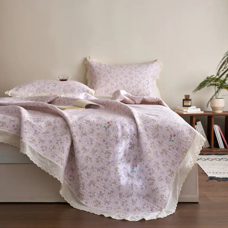 Flower Printed Bed Cover with Lace French Style Washed Cotton Bedspreads Quilted cobre leito de casal Comfortable and Soft 이불패드