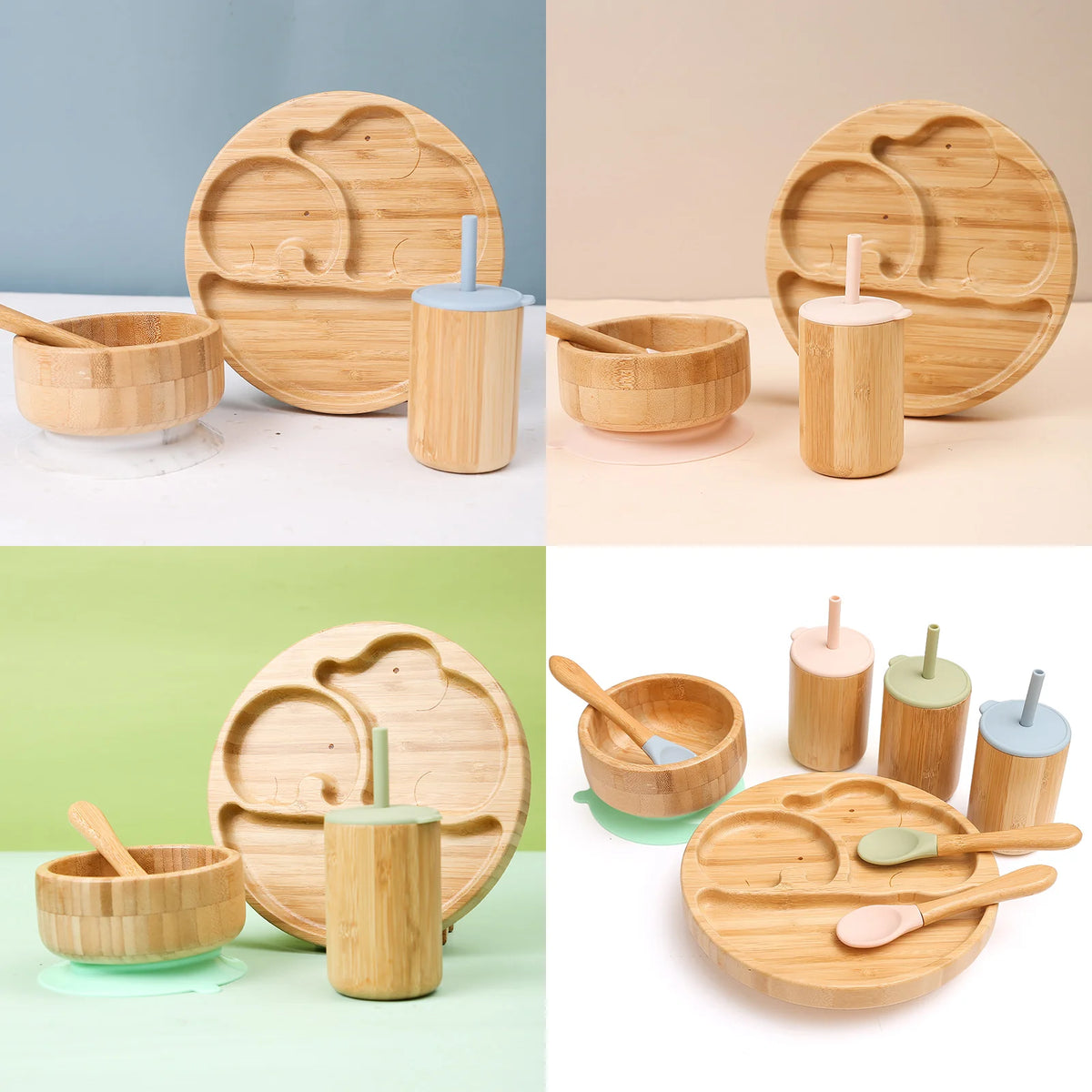 4pcs Children's Tableware Suction Plate Bowl Baby Dishes Baby Feeding Dishes Spoon Fork Sets Bamboo Plate for Kids Tableware