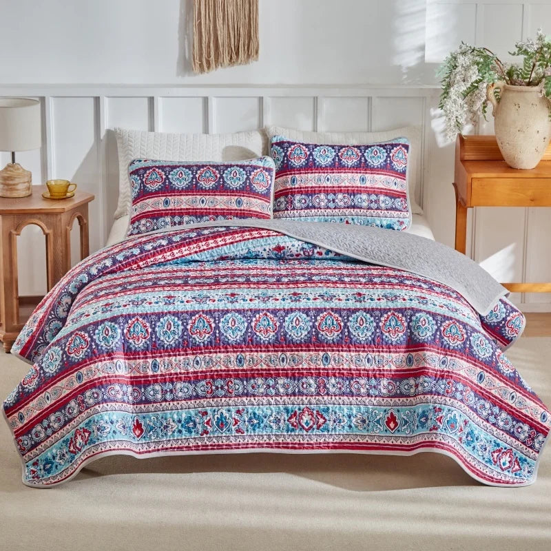 2026 Quilted Bedspread Set Microfiber Bed Cover+Pillowcase Floral Geometric Print Patchwork Summer Quilt Full King Drop Shipping