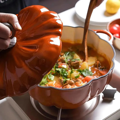 3.9 Quart Orange Pumpkin Dutch Oven, Cast Iron Enamel Pot with Lid, Non-Stick, Ideal for Stews and Soups, Serves 3-5, Perfect fo