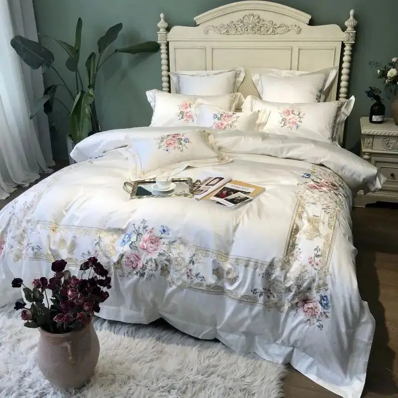 4/7Pcs White Luxury 1000TC Egyptian Cotton Flowers Embroidery Bedding Set Duvet Cover Bed Sheet/Fitted Bed Sheet Pillowcases