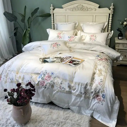 4/7Pcs White Luxury 1000TC Egyptian Cotton Flowers Embroidery Bedding Set Duvet Cover Bed Sheet/Fitted Bed Sheet Pillowcases