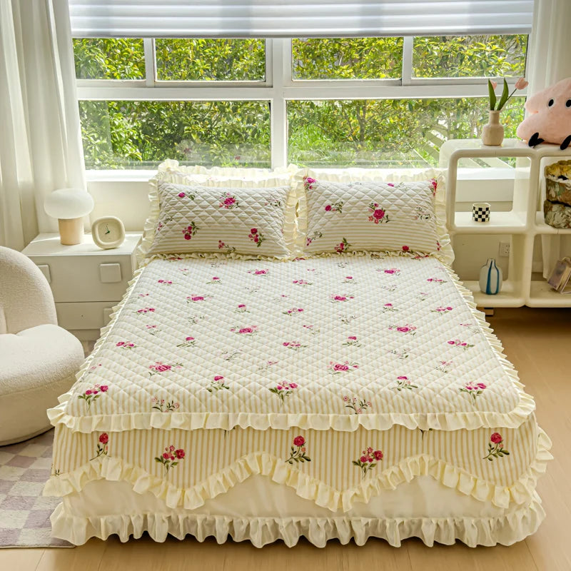100% Cotton Thicken Quilted Bedspread King Queen Size Princess Lace Bed Skirt Pure Cotton Bed Cover Not Including Pillowcase