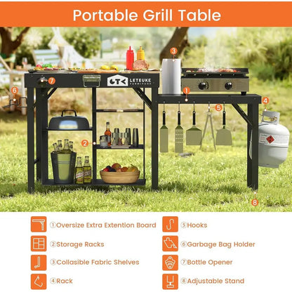 Portable Folding Grill Table with Storage - Ideal for Outdoor Camping, Picnics, Garden, Patio, Dining, BBQ, and Parties