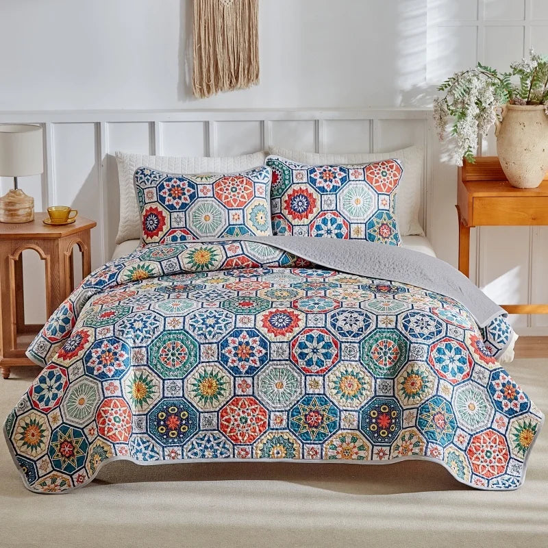 2026 Quilted Bedspread Set Microfiber Bed Cover+Pillowcase Floral Geometric Print Patchwork Summer Quilt Full King Drop Shipping
