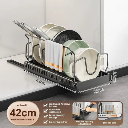 Pots and Pans Organizer Under Cabinet Sliding Pot Lid Storage Holder Kitchen Adjustable Slide Out Dish Pan Storage Rack Shelf