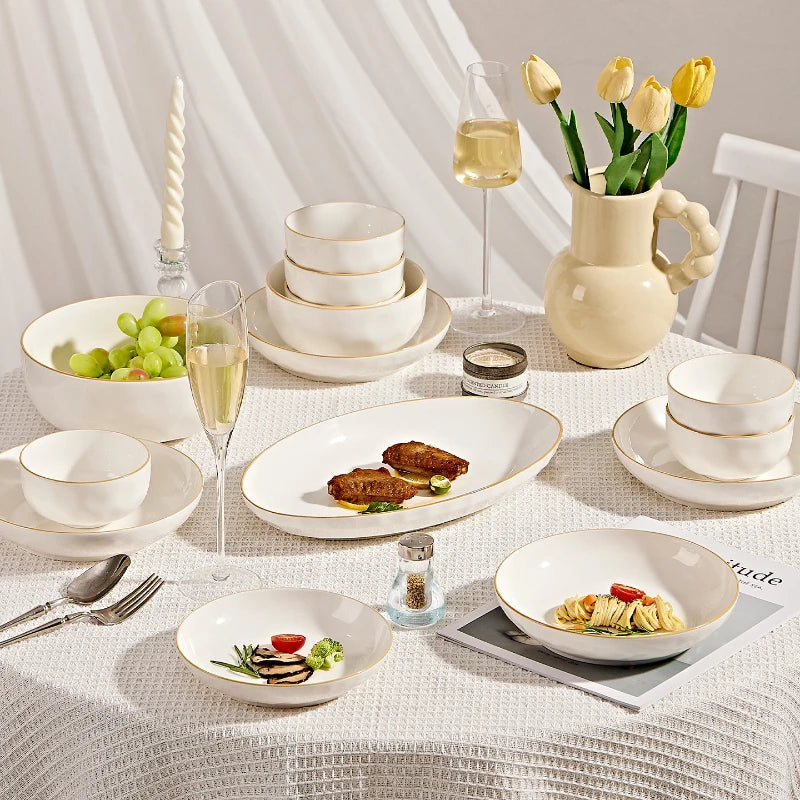 korean style white plates dinner sets ceramic gold rim 8 person dinner sets full set Casserole vajillas completa Bowl set