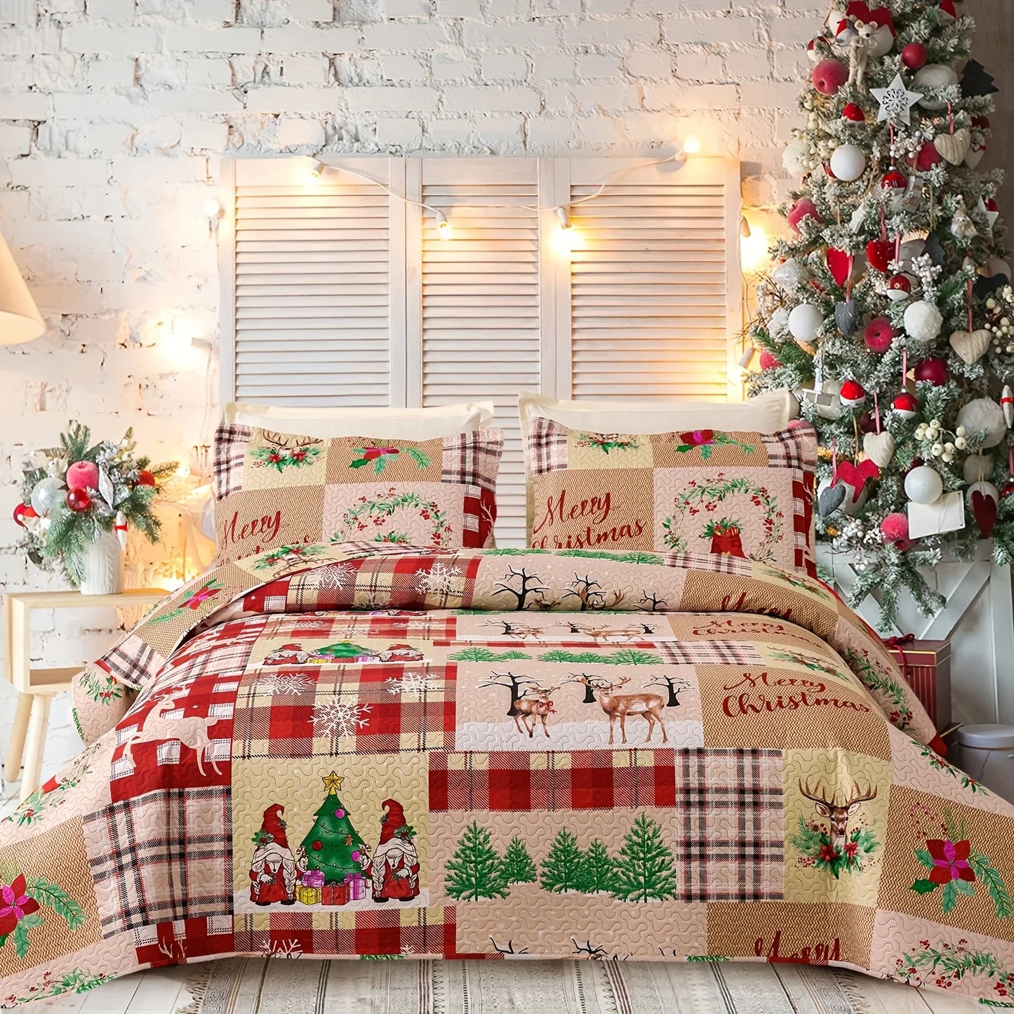 Christmas Quilt Cover Set Twin/Queen/King Size - Soft 100% Microfiber Lightweight Bedspread Coverlet with Festive Reindeer