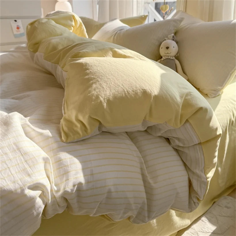 Ins Stripes 100% Washed Cotton Bedding Set with Pillowcase Bed Sheet Quilt Cover Single Double King Queen Size Duvet Cover Set