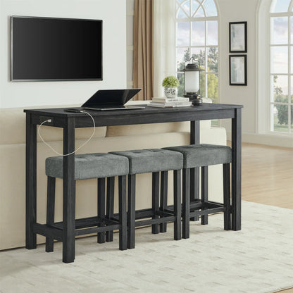 59 Inch Bar Table w/Power Outlet,3 Upholstered Stools,4-Piece Set for Living/Dining/Kitchen