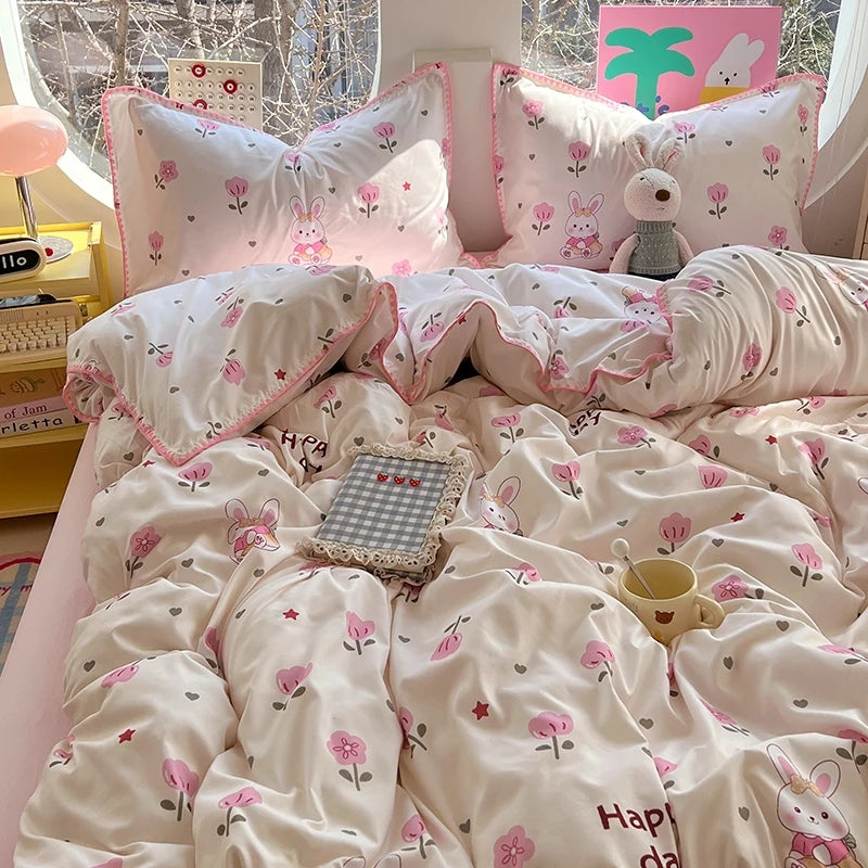 Korean Floral Style Bedding Set Washed Cotton Bed Flat/Fitted Sheets Set Duvet Cover Bed Linen Pillowcase Full Double Queen King