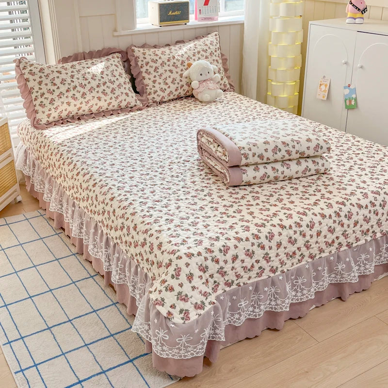 Bonenjoy Bedspread Floral Style Bed Linen Lace Bed Cover Quilted Bedsheet 250x260cm Bedspreads 침대커버 (Pillowcase Need Order)