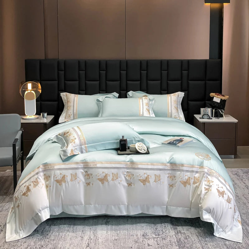 100% Cotton Bedding Set Luxury Golden Butterfly Embroidery Quilt/Duvet Cover Fitted Bed Sheet Sets Pillowcases Home Textile