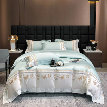 100% Cotton Bedding Set Luxury Golden Butterfly Embroidery Quilt/Duvet Cover Fitted Bed Sheet Sets Pillowcases Home Textile