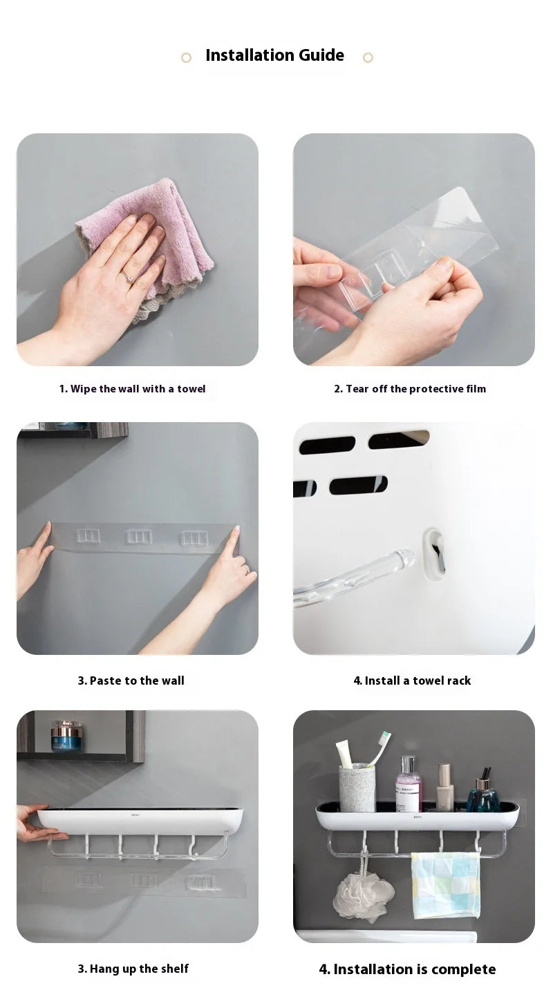 Wall-Mounted Shampoo Storage Rack With Towel Bar Bathroom Storage Shelf No Drilling Shower Holder Hanging Rack Organizer