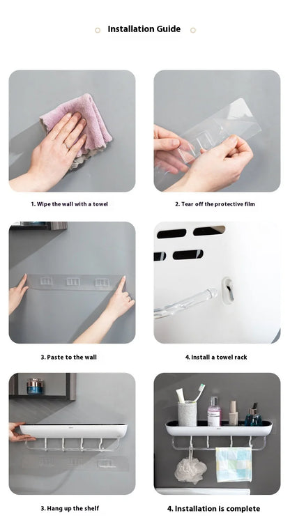 Wall-Mounted Shampoo Storage Rack With Towel Bar Bathroom Storage Shelf No Drilling Shower Holder Hanging Rack Organizer