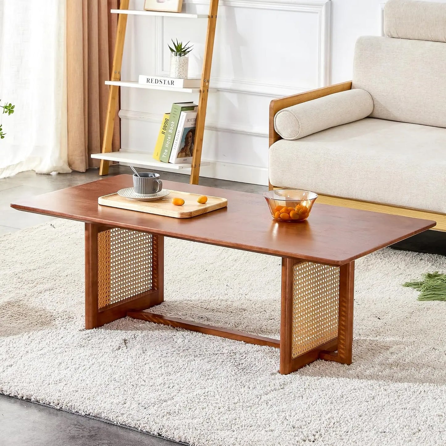 Solid Wooden Coffee , Modern Small Rattan Coffee Table with 2-Tier Storage Shelf, Rectangle Tea with Tempered Glass T