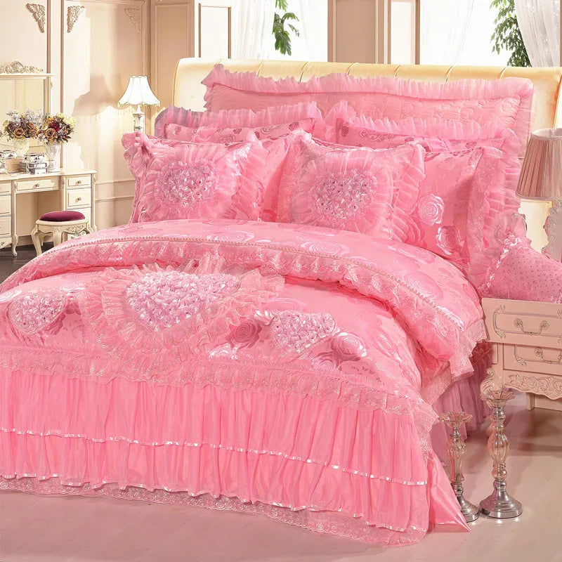 4/6/8pcs Red Pink Lace Princess Bedding Set Luxury Girls Wedding Bed Set Quilt Cover Bed Sheets Queen King Size 2025 New Design