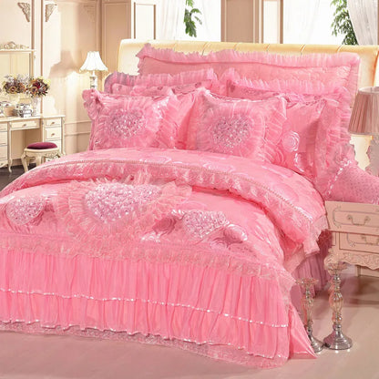 4/6/8pcs Red Pink Lace Princess Bedding Set Luxury Girls Wedding Bed Set Quilt Cover Bed Sheets Queen King Size 2025 New Design