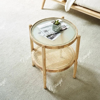 J Modern Simple Small Apartment Size Round Table Combination Household Solid Wood Rattan Coffee Table Living Room Double Round