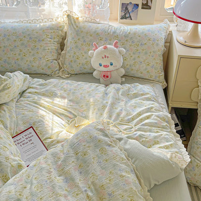 INS Princess Bedding Set Ruffle Lace Quilt Cover Romantic Bedclothes Woman Girls Home Decor Duvet Cover Set Korean Style Floral