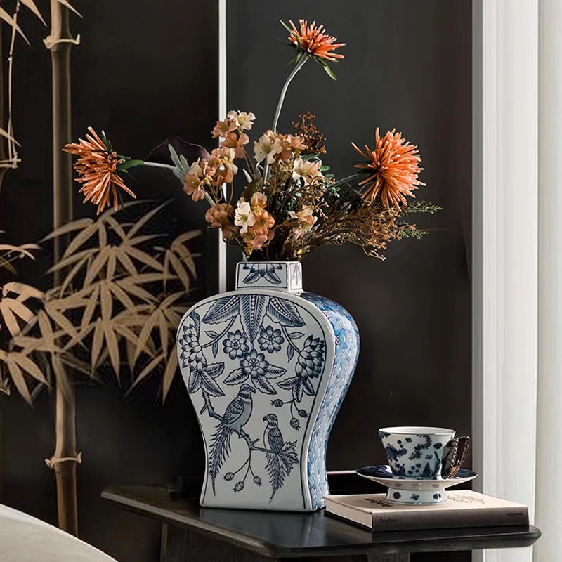 Chinese Blue-and-white Porcelain Vases Luxury Ceramic Ornaments Table Living Room Insert Flower Dryer Living Room Accessories