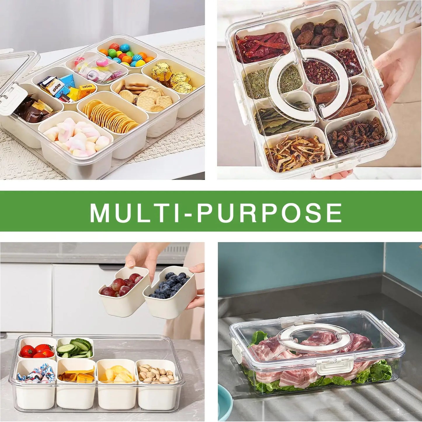 Storage Container Divided Serving Tray With Lid And Handle Snack Sealed Box Kitchen Organizers And Storage Kitchen Accessories