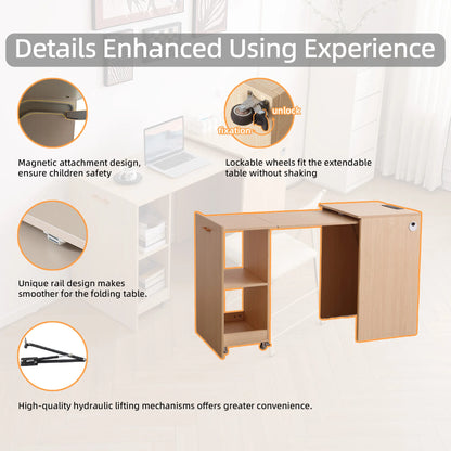 Modern Wooden Folding Desk with Power Outlet, Storage Shelves & Wheels - Extendable Mobile Writing Table for Home Office