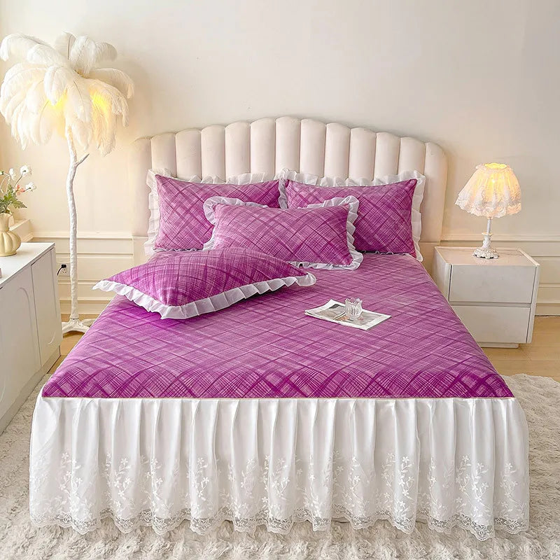 2025 new solid color Class A milk fleece double-layer lace skirt bed skirt three-piece set bedding simple bed skirt